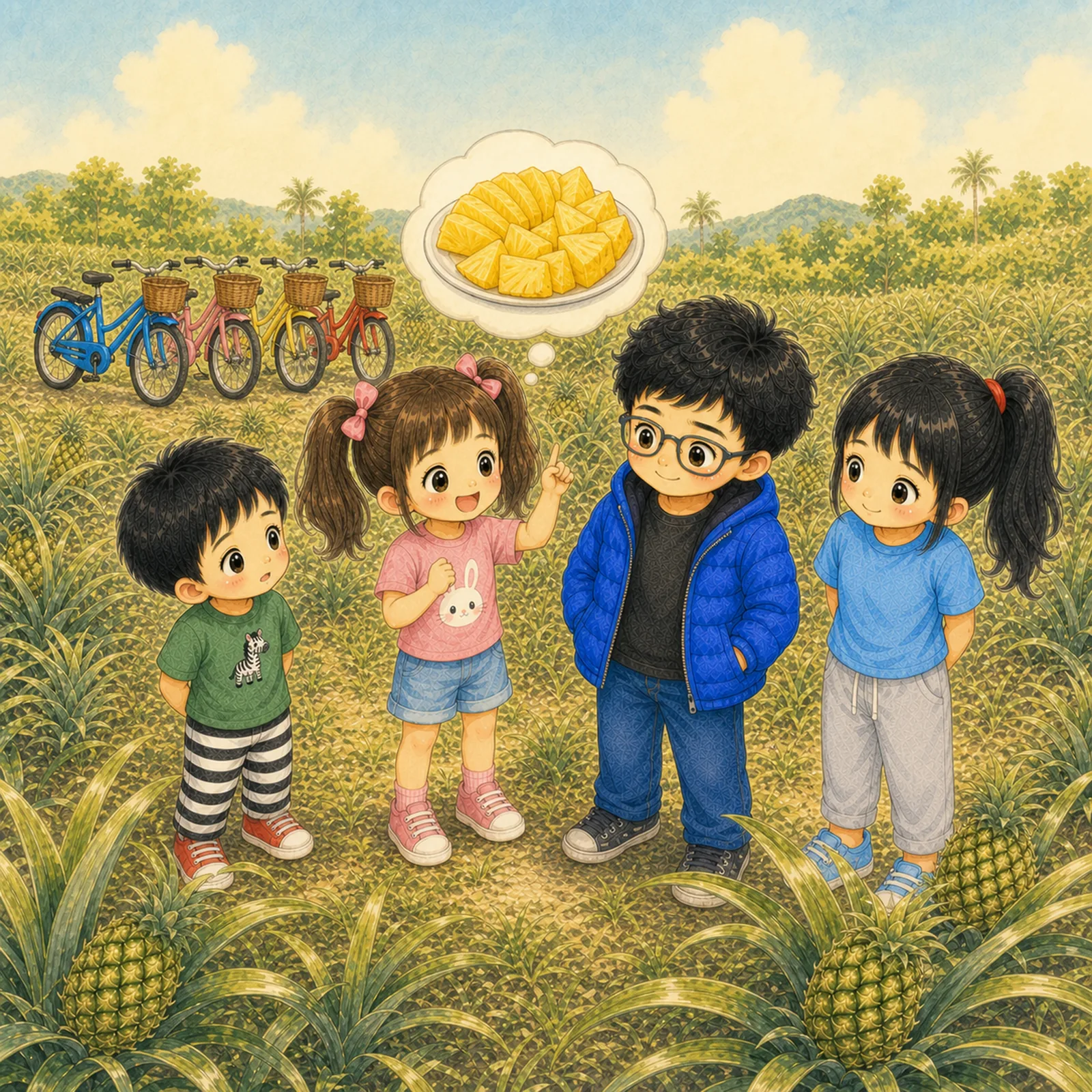 Tutu says, "But the pineapple tastes sweet and sour. It's so yummy!"
