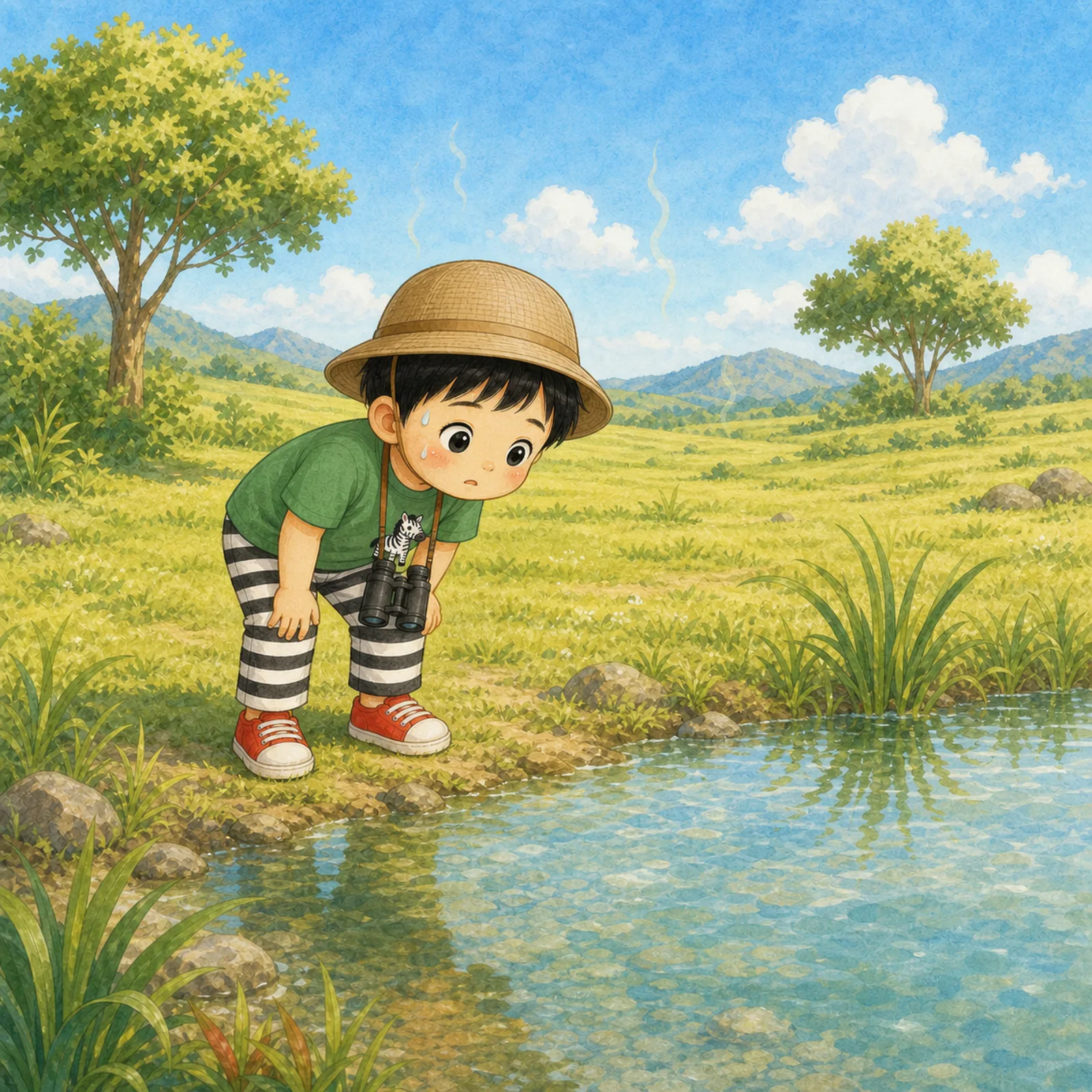 Ban-Ban is all sweaty, so he walks to the pond.
