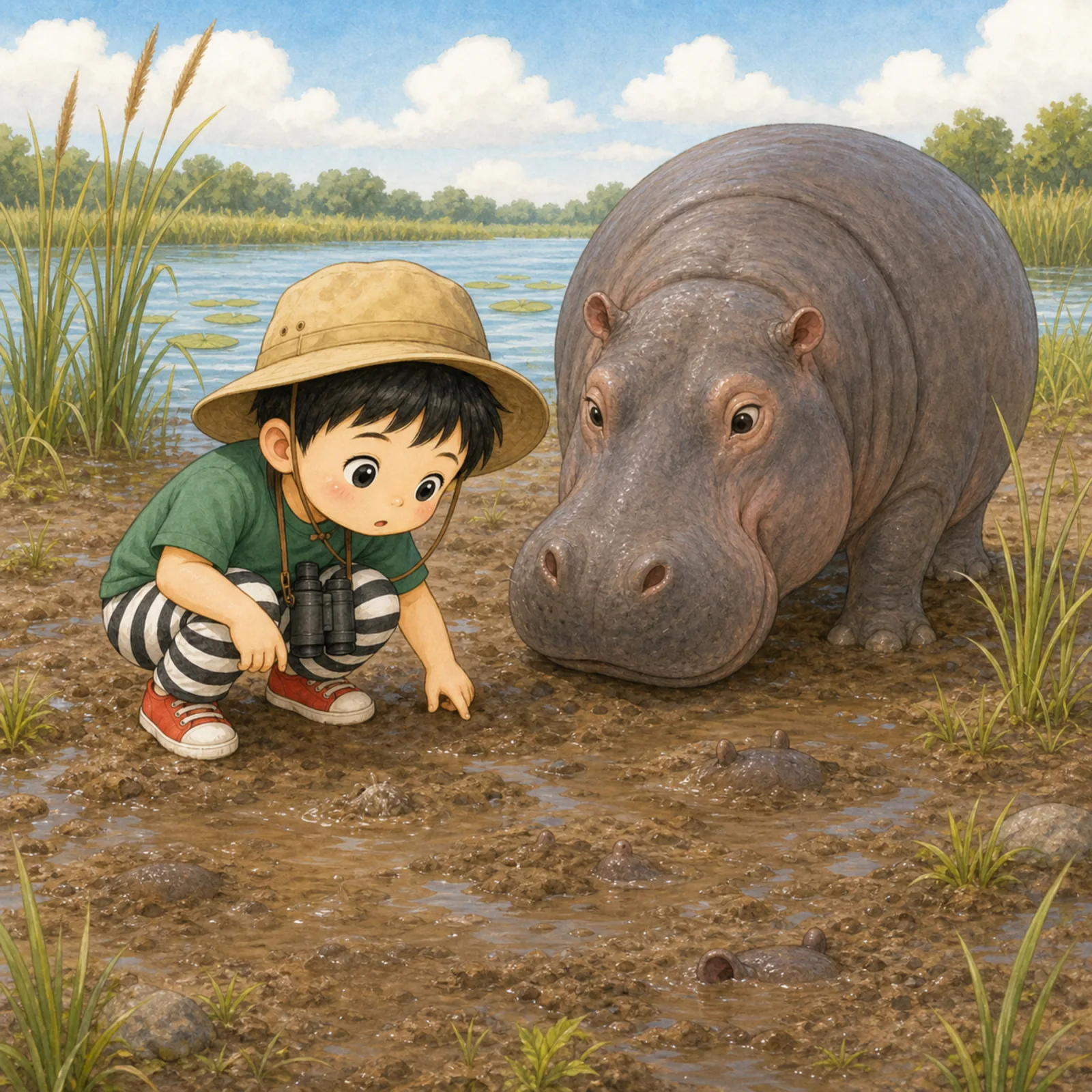 Something seems to be moving in the mud. Ban-Ban curiously looks for it.